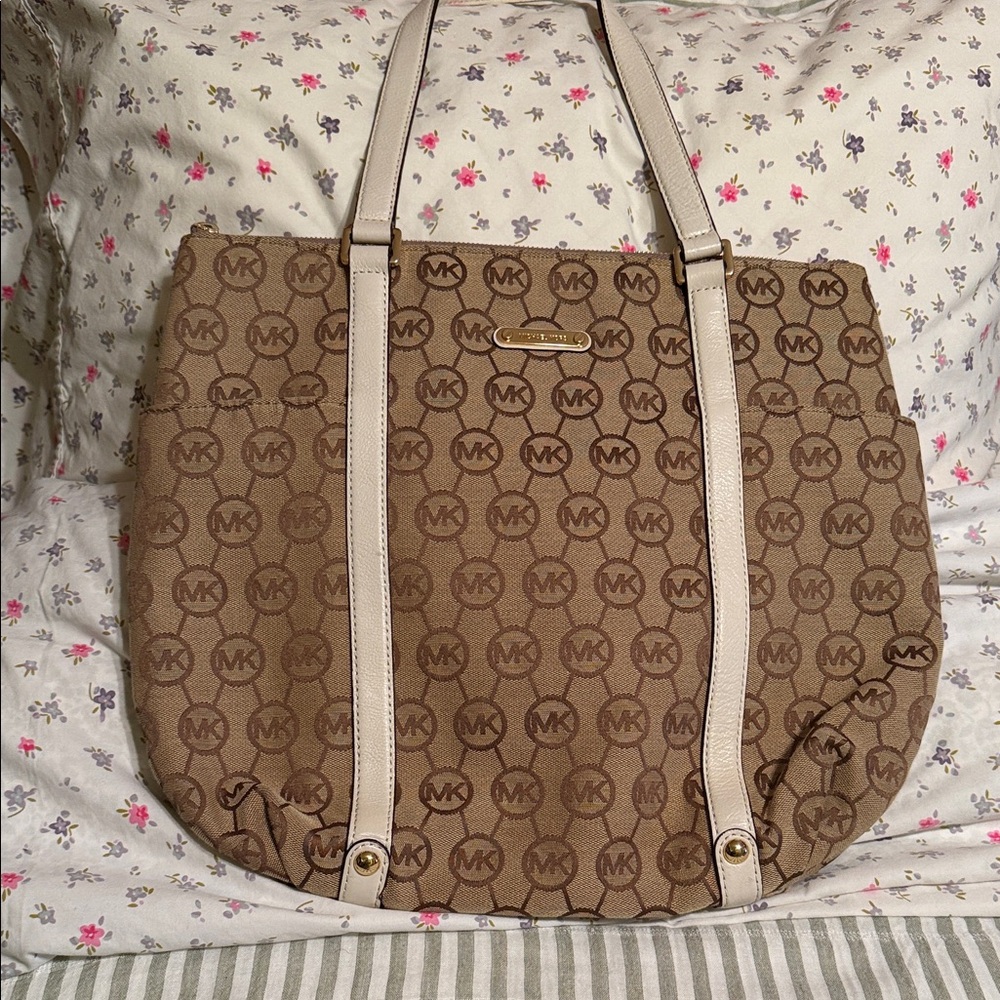 Michael Kors Tan Signature MK Tote with Cream Straps